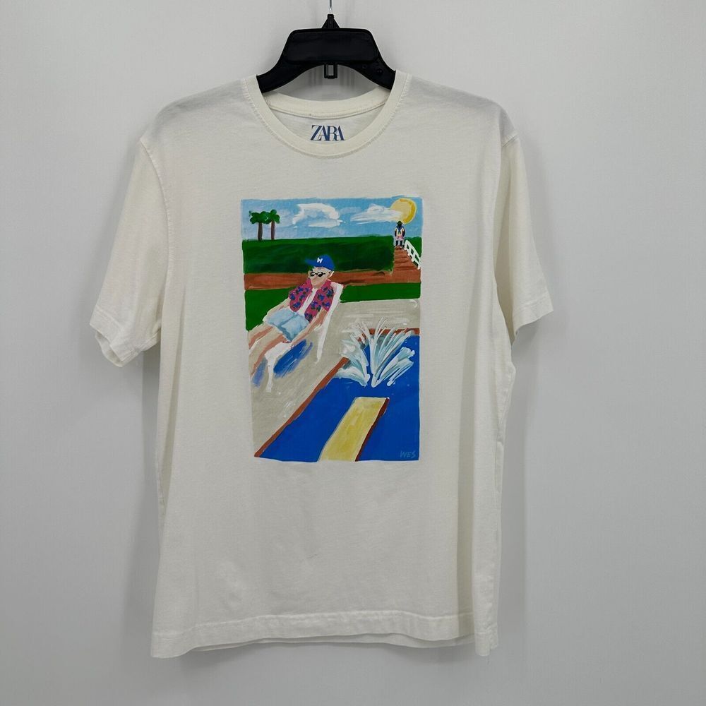 Zara x Wes Tshirt Mens Medium White Art Painting‎ Summer Poolside Lounge